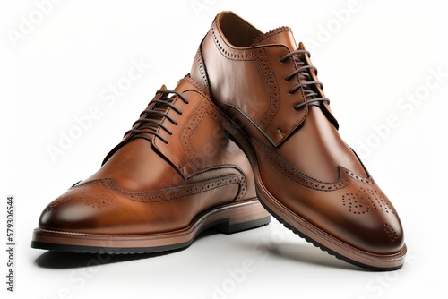 Brown leather pair of male shoes on white background. Generative AI illustration.