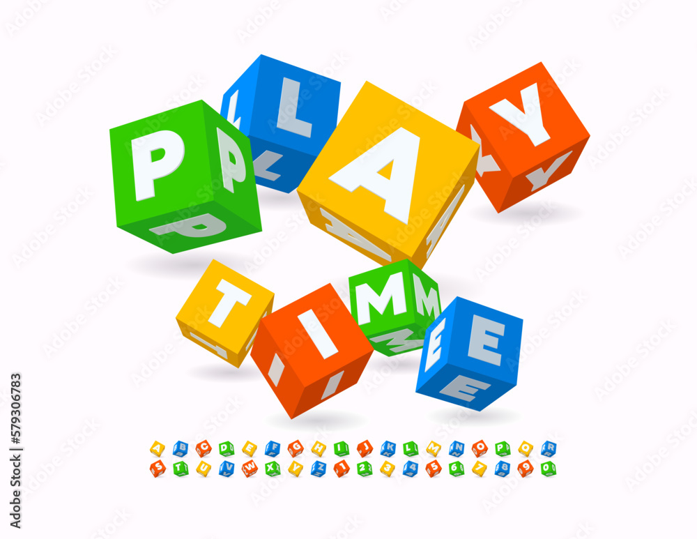 Vector funny poster play Time with bright cube Font. Colorful Alphabet Letters and Numbers set Vector funny poster play Time with bright cube Font. Colorful Alphabet Letters and Numbers set