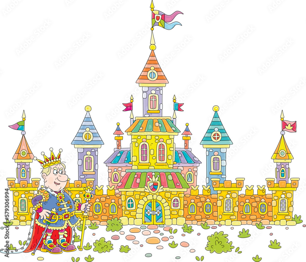 Angry king and his royal castle with high towers and waving royal flags, defensive stone walls and gates, vector cartoon illustration isolated on a white background