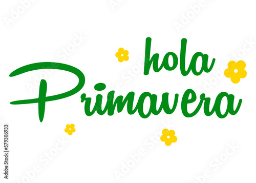 Logo aislado con letras del mensaje hola primavera en texto manuscrito en español con silueta de flores en color verde y amarillo