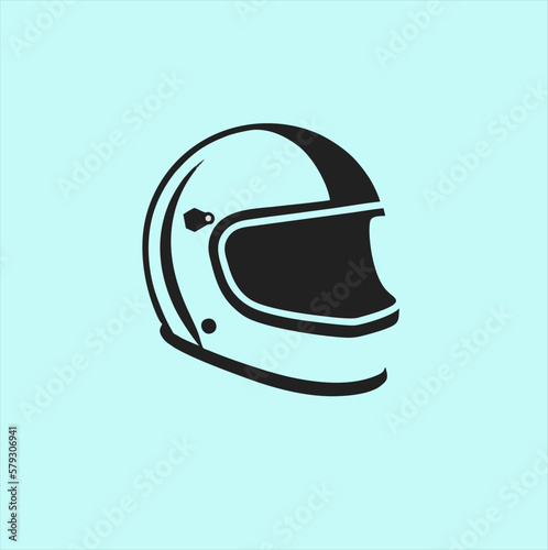 Black and white motorcycle helmet stylized vector, graphic illustration in flat design, helmet logo light blue background photo