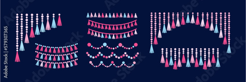 Party decoration set garlands and buntings made of tassels, stars, beads, pompoms. Party supplies. Flat vector illustration