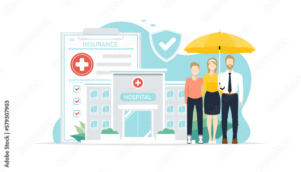 Family health insurance concept, Family under umbrella with health insurance document, Hospital on isolated background, Digital marketing illustration.