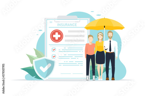Family health insurance concept, Family under umbrella with health insurance document on isolated background, Digital marketing illustration.
