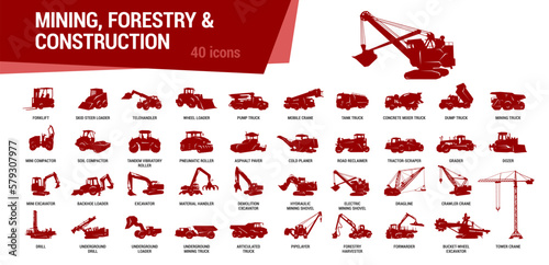 Construction icon set. Simple silhouettes of construction vehicles on white background. Vector illustration