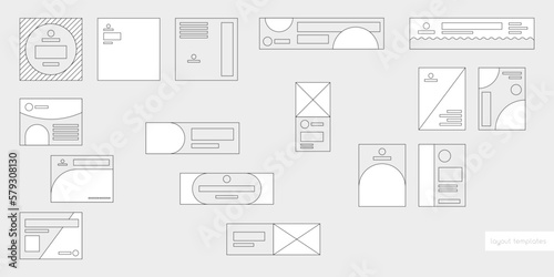 Grid layout templates for banner design, flyers, poster, label designs. Outline template of samples. Vector mockup compositions. Line frame examples for UX, UI. Graphic plan of marketing materials.  