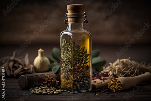 Essential oil bottle containing herbs and spices, shown against a wooden backdrop. Generative AI