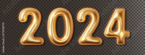 2024 Golden chrome numbers with glow and shadow set isolated on dark transparent background. Vector 3d balloons for creating holiday illustrations with date 2024.