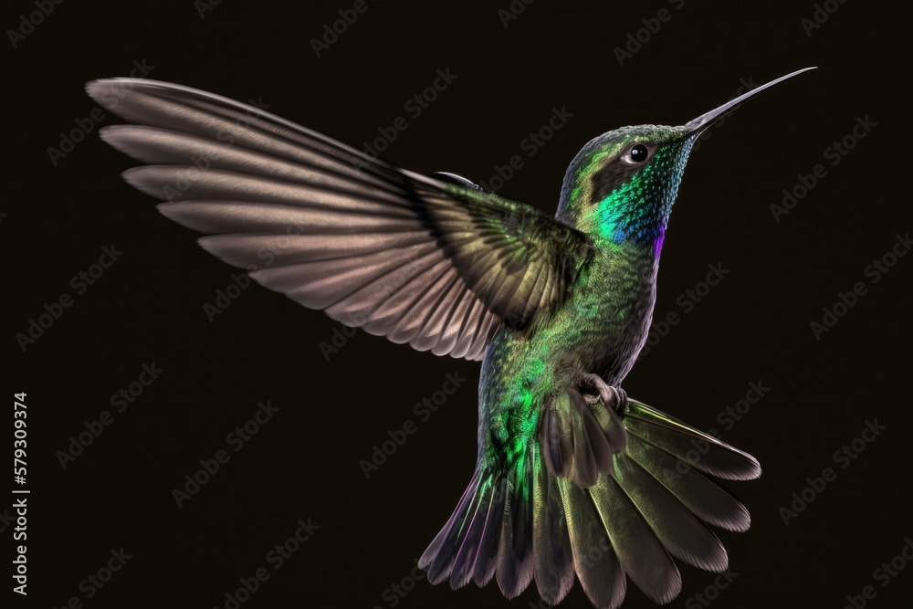 Obraz premium Flying Colibri coruscans hummingbirds, often known as flashing violetears. Inconspicuous depiction of a bird. An in flight bird. Low light conditions. Beautiful green bird in flight, black background