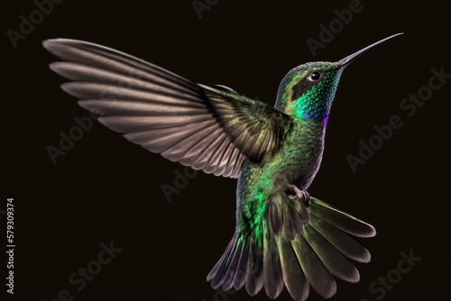 Flying Colibri coruscans hummingbirds, often known as flashing violetears. Inconspicuous depiction of a bird. An in flight bird. Low light conditions. Beautiful green bird in flight, black background © 2rogan