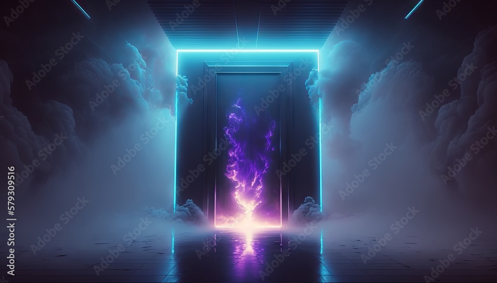 Smoke Fog Futuristic Hall Corridor with Neon Laser Led Blue Purple Glowing Tunnel Metal Reflection. Generative ai