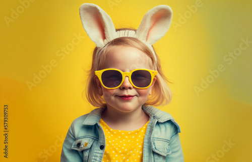 Easter studio portrait of a young girl with sunglasses and easter bunny ears. Generative ai © ink drop