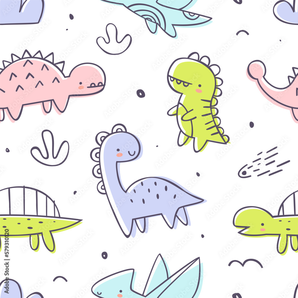 Outline doodle jurassic pattern with cute dino. Seamless vector print with dinosaurs for baby textile and fabric.