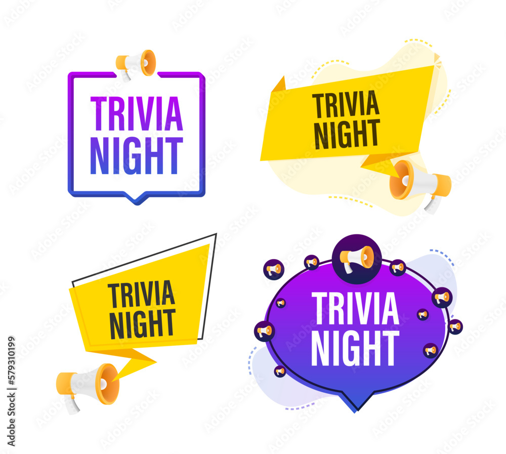 Megaphone label set with text trivia night. Megaphone in hand promotion banner. Marketing and advertising Megaphone label set with text trivia night. Megaphone in hand promotion banner. Marketing and advertising