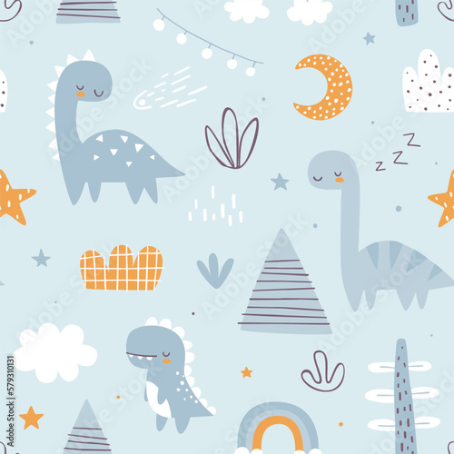 Seamless pattern with sleeping dino. Scandinavian print with cute dinosaurs for kids bedding and pajamas.