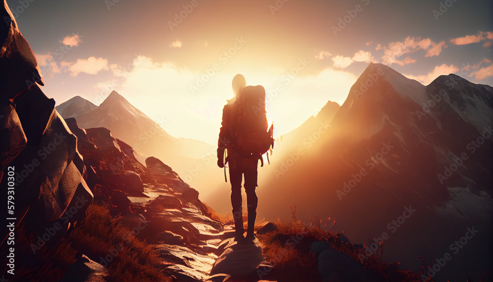 Hiker goes against sky and sun. Hiking concept created with generative Ai technology