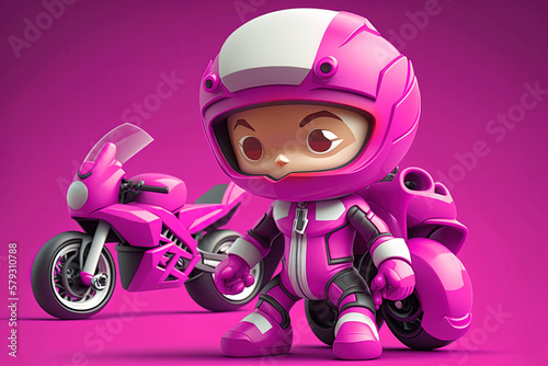 An illustration for kids of a motogp rider with his bike in pink color. Concept: A motogp toy for kids. Generative ai. photo