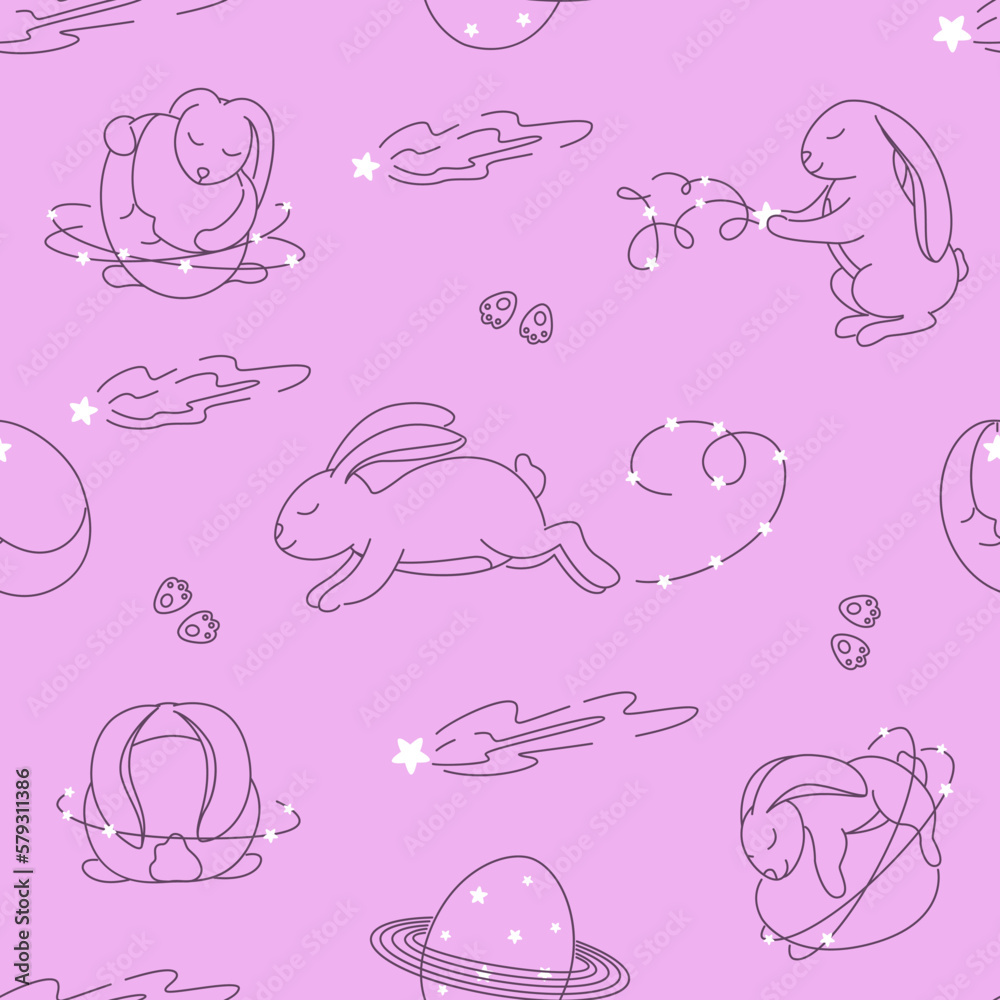 Seamless pattern with easter bunny, set of bunnies with easter eggs, rabbit in space