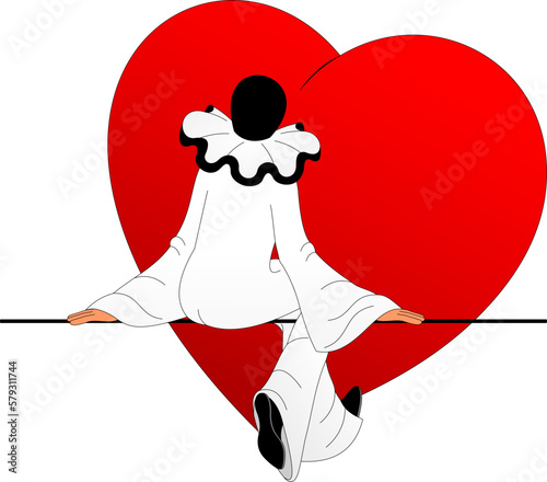 Pierrot in love sits against the background of a red heart