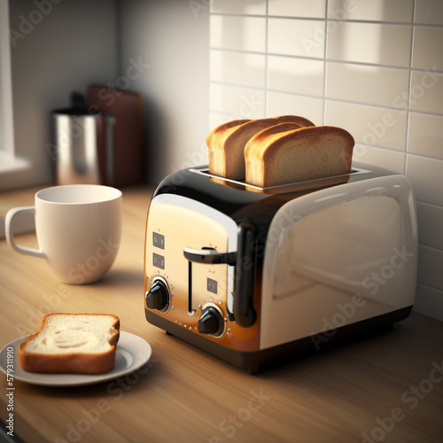 Toaster with toasts in a modern kitchen in the morning. Breakfast concept. Generative AI.	
