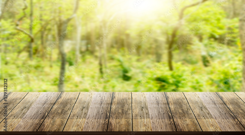 Wooden table top with natural green blurred background or various leaves, fresh bright sunlight, product empty concept. Wooden table top with natural green blurred background or various leaves, fresh bright sunlight, product empty concept.