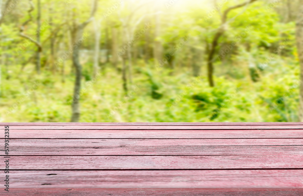 Wooden table top with natural green blurred background or various leaves, fresh bright sunlight, product empty concept. Wooden table top with natural green blurred background or various leaves, fresh bright sunlight, product empty concept.