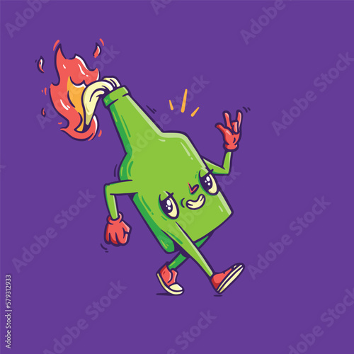 Cute cartoon character. Vector doodle illustration. Burning animated molotov cocktail glass bottle with fire. Fun print for t-shirt. Symbol of protest, rally, popular unrest, revolution. Smile. Law