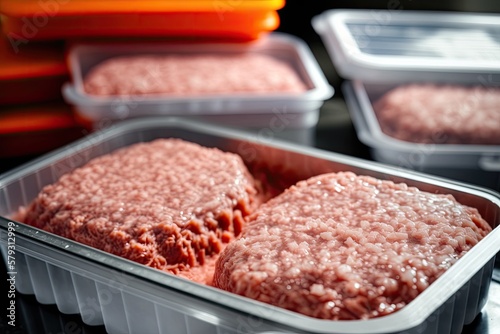 Frozen ground beef is a semifinished product. Meat pies, meatballs, and cutlets in the freezer. Cold meals. Generative AI