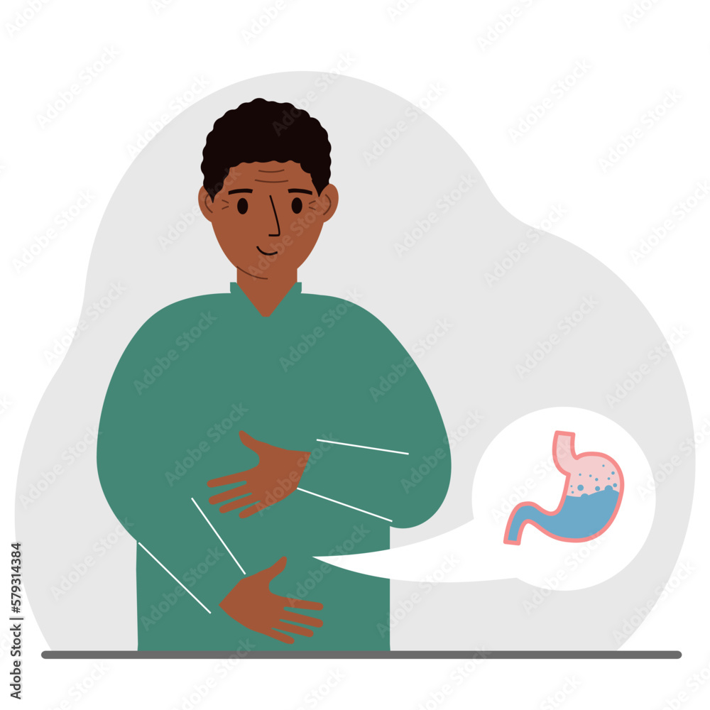 The concept of a healthy stomach. The man holds her stomach with both hands. A healthy stomach or proper digestion.