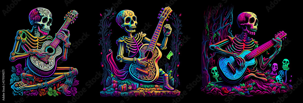 Obraz premium Multicolored skeleton playing an acoustic guitar. AI generative.
