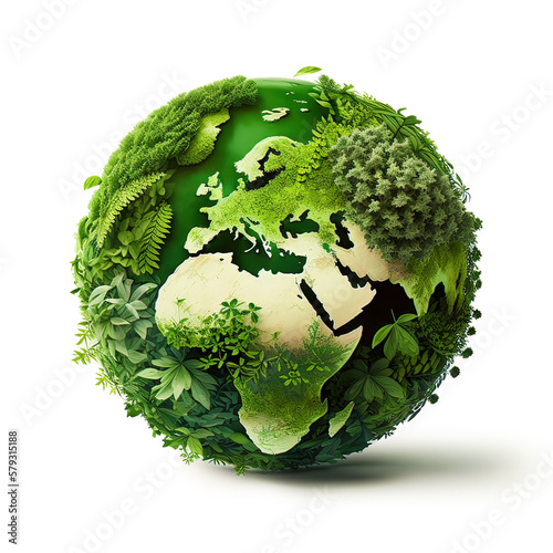 Green earth day on isolated white background. Care for the environment and ecology. Resources that are sustainable, renewable, and green. Graphic resource. Generative AI.