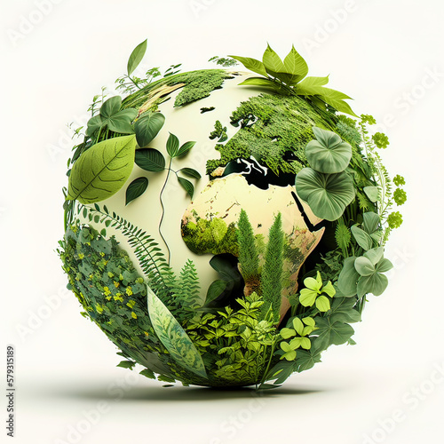 Green earth day on isolated white background. Care for the environment and ecology. Resources that are sustainable, renewable, and green. Graphic resource. Generative AI.