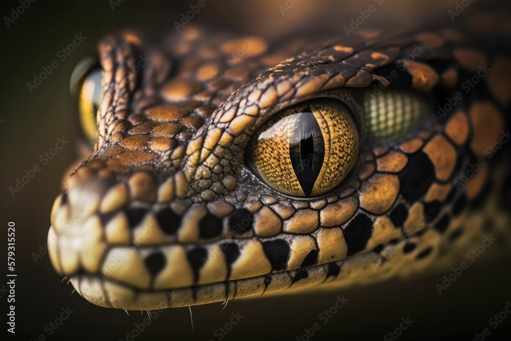 Obraz premium Close-up shot of a snake's head scales and eyes. Generative AI.