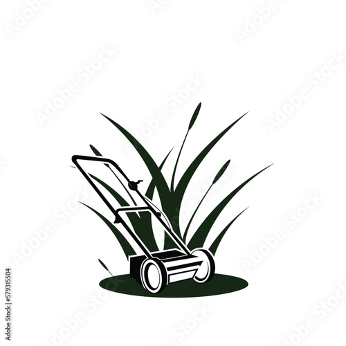 Lawn mower and grass logo design