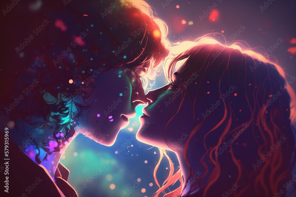 Magical Moment Romantic Anime Couple Sharing a Passionate Kiss Under