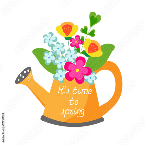 Bouquet of fantasy spring flower in the orange watering can with lettering it's time to spring. Gardening, springtime  concepts.