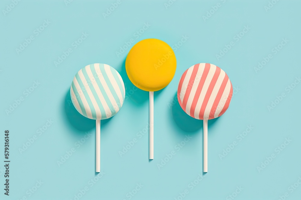 Minimalist Flat Lay Lollipop Icon On a pale blue background, three brightly colored spheres of candy sit. Generative AI Minimalist Flat Lay Lollipop Icon On a pale blue background, three brightly colored spheres of candy sit. Generative AI