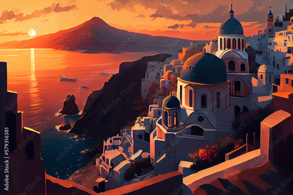 The ancient city on the Mediterranean coast - Santorini. AI generated. - obrazy, fototapety, plakaty 
