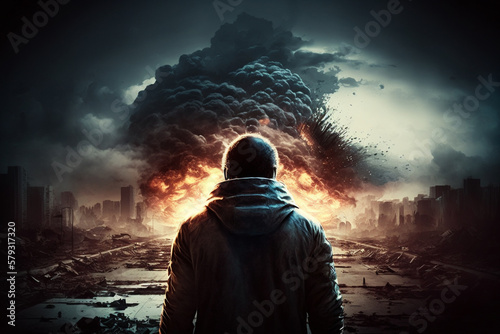 Man witnessing a giant atomic explosion. End of the world concept with man and enormous fire explosion blast. Ai generated