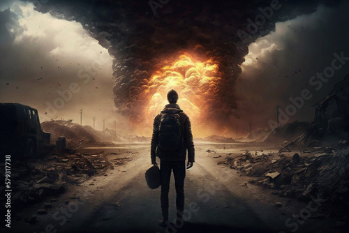 Man witnessing a giant atomic explosion. End of the world concept with man and enormous fire explosion blast. Ai generated