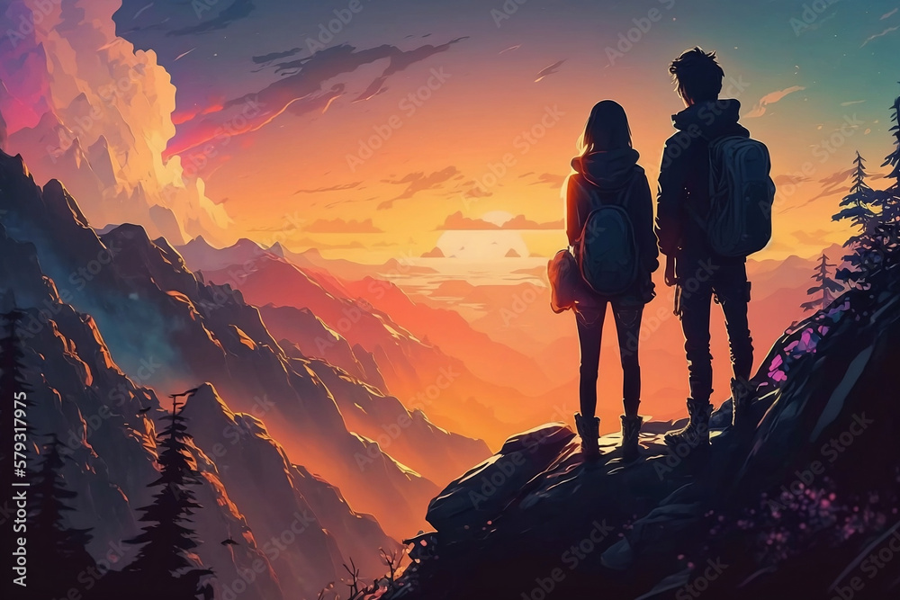 Mountain Top Romance: Anime Couple Watching Sunset Together, Anime Digital Art illustration for background wallpaper. Generative AI