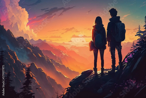 Mountain Top Romance: Anime Couple Watching Sunset Together, Anime Digital Art illustration for background wallpaper. Generative AI