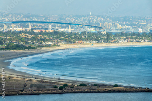 View of Coronado island, beach and bridge,  in San Diego, California © Delphotostock