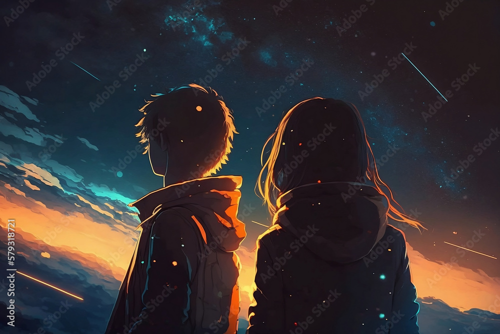 Anime girl stargazing. Cute girl looking at the night sky. Atmospheric,  moody feeling. Manga, lofi style. Sad beautiful background. 4K night. With  clouds and stars. Stock Illustration | Adobe Stock