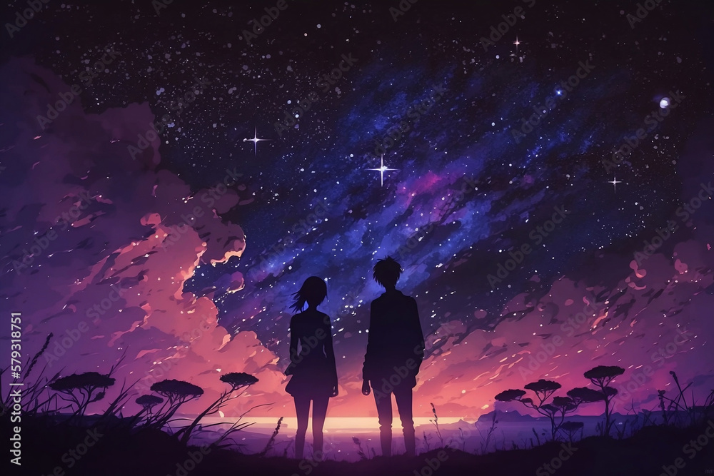 Starry Night Romance: Anime Couple Enjoying Moonlit Beach and Starry Sky. Generative AI Starry Night Romance: Anime Couple Enjoying Moonlit Beach and Starry Sky. Generative AI