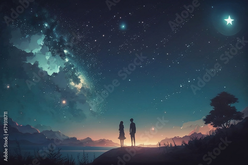 Romantic Anime Couple Stargazing: Watching the Night Sky Together, Anime Digital Art illustration for background wallpaper. Generative AI