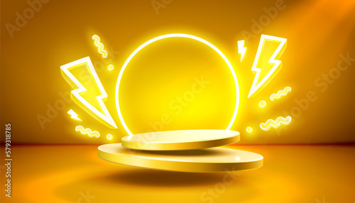 Electro scene mega sale, danger podium banner, neon night pedestal. Vector