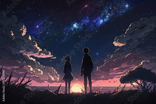 Starry Night Beach  Romantic Anime Couple Enjoying the Moon and Stars. Generative AI