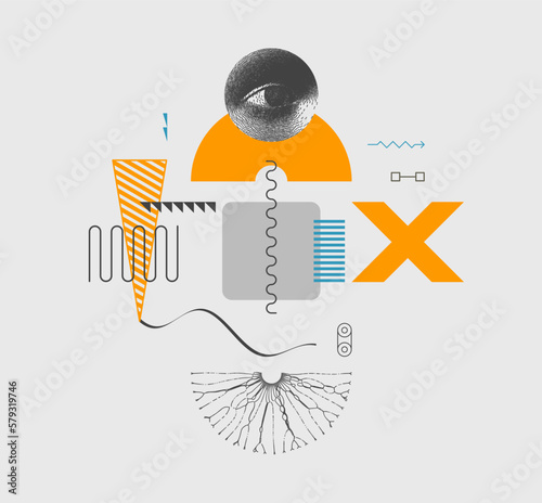 Art composition with geometric shapes and forms. Researcher looking at substance. Cover design template for layout of the science brochure, presentation, poster or cover. Vector illustration.