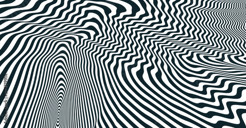 The geometric background by stripes. Black and white modern pattern with optical illusion. 3d vector illustration for brochure, annual report, magazine, poster, presentation, flyer or banner.